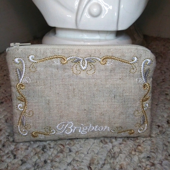 Brighton Silver & Gold Metallic Embroidered Tan Linen Coin Purse/Make-up Bag - Picture 5 of 5